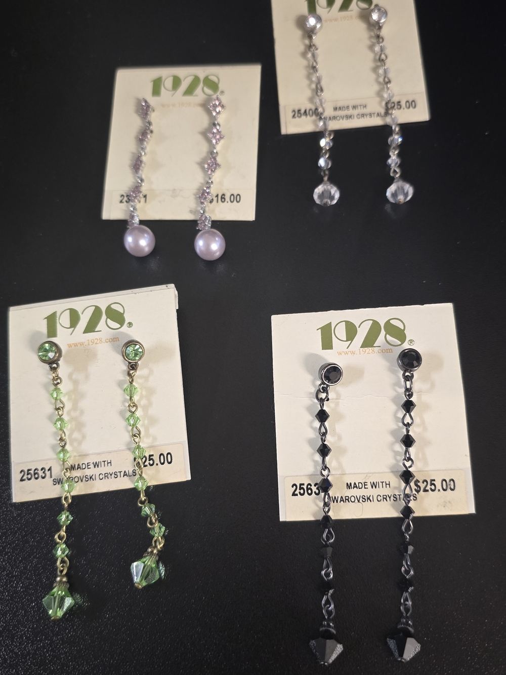 1928 Set Of 4 Long Dangle Earrings — Green Crystal Swarovski Accent